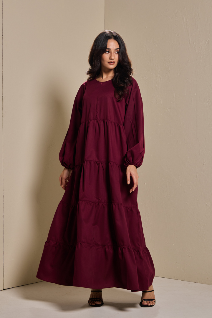 Lucy Tiered Dress in Burgundy