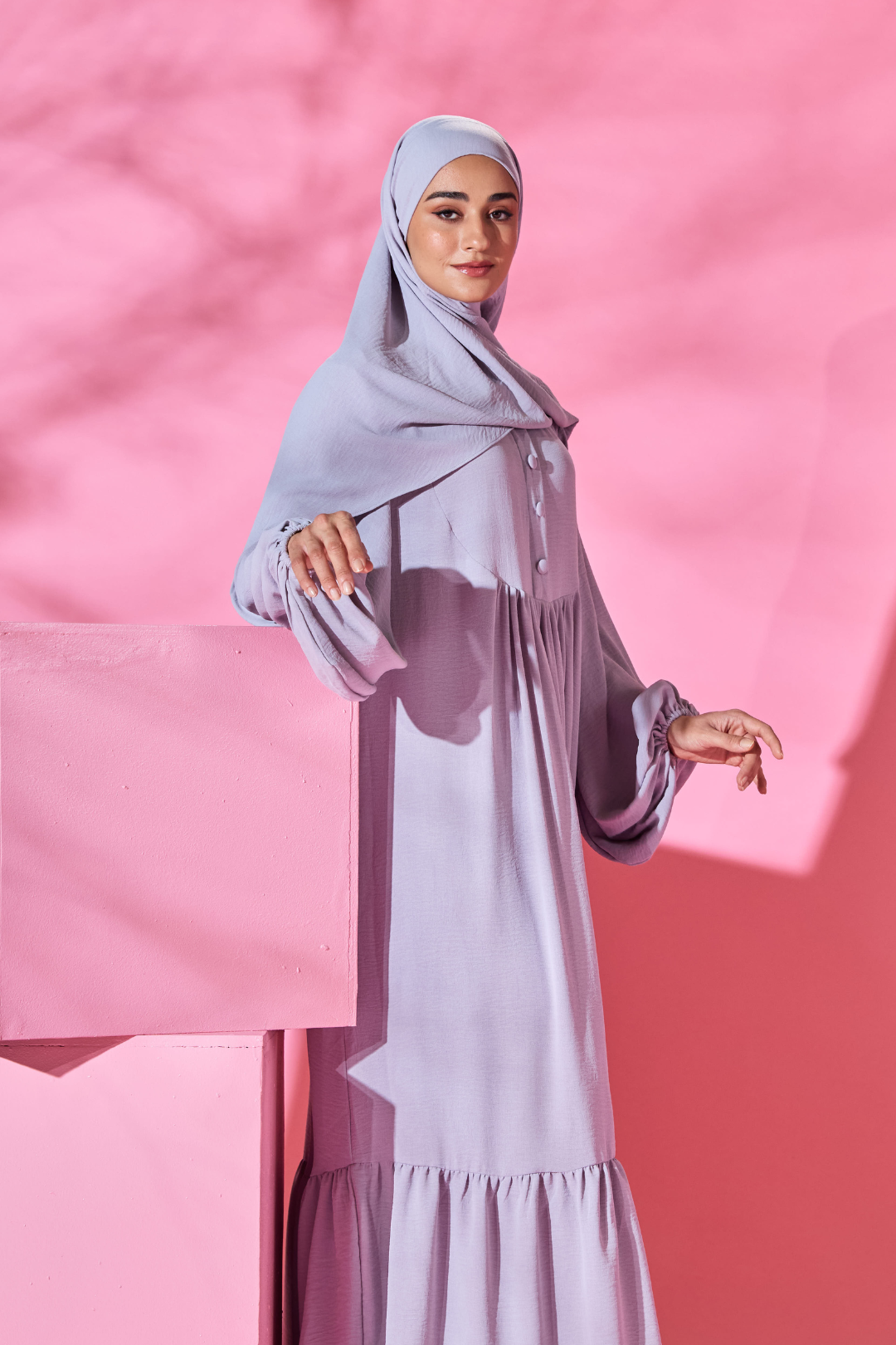 Saufa Babydoll Tiered Dress in Grey Lilac