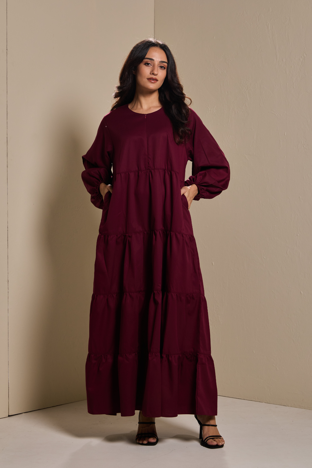 Lucy Tiered Dress in Burgundy