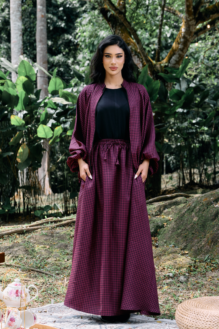 Ayana Bomber Skirt Cotton Set in Gingham Maroon