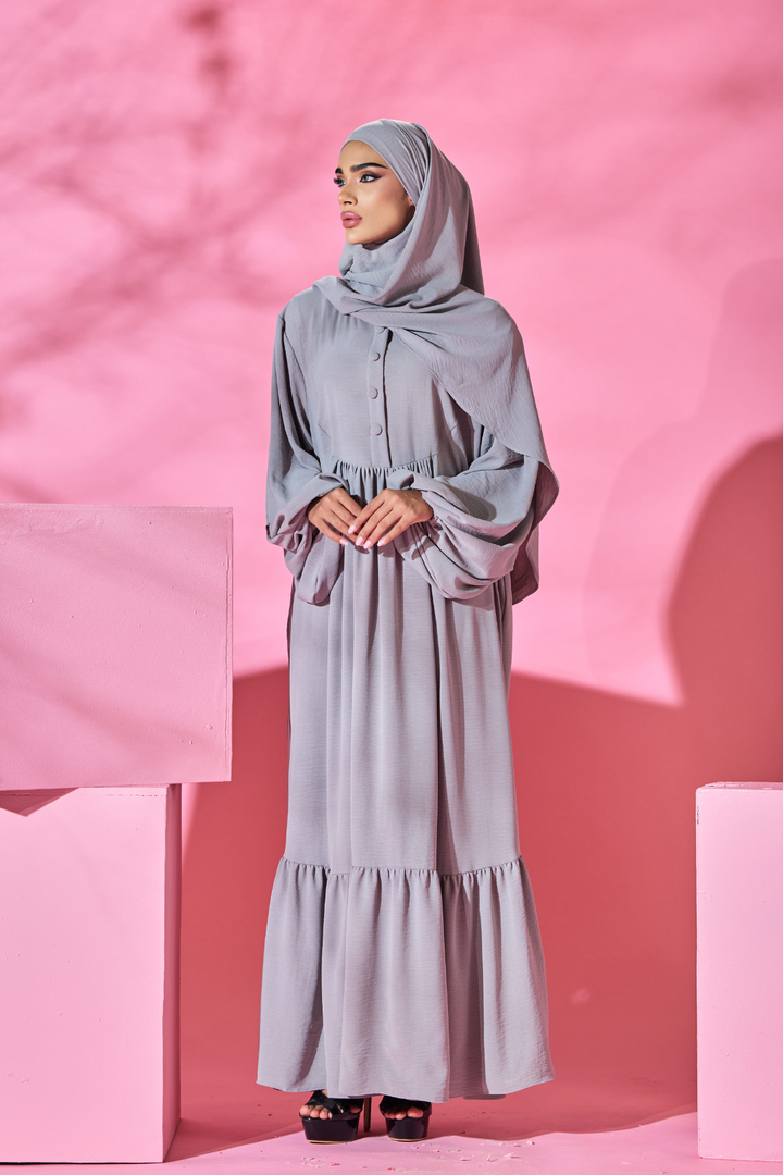 Saufa Babydoll Tiered Dress in Light Grey
