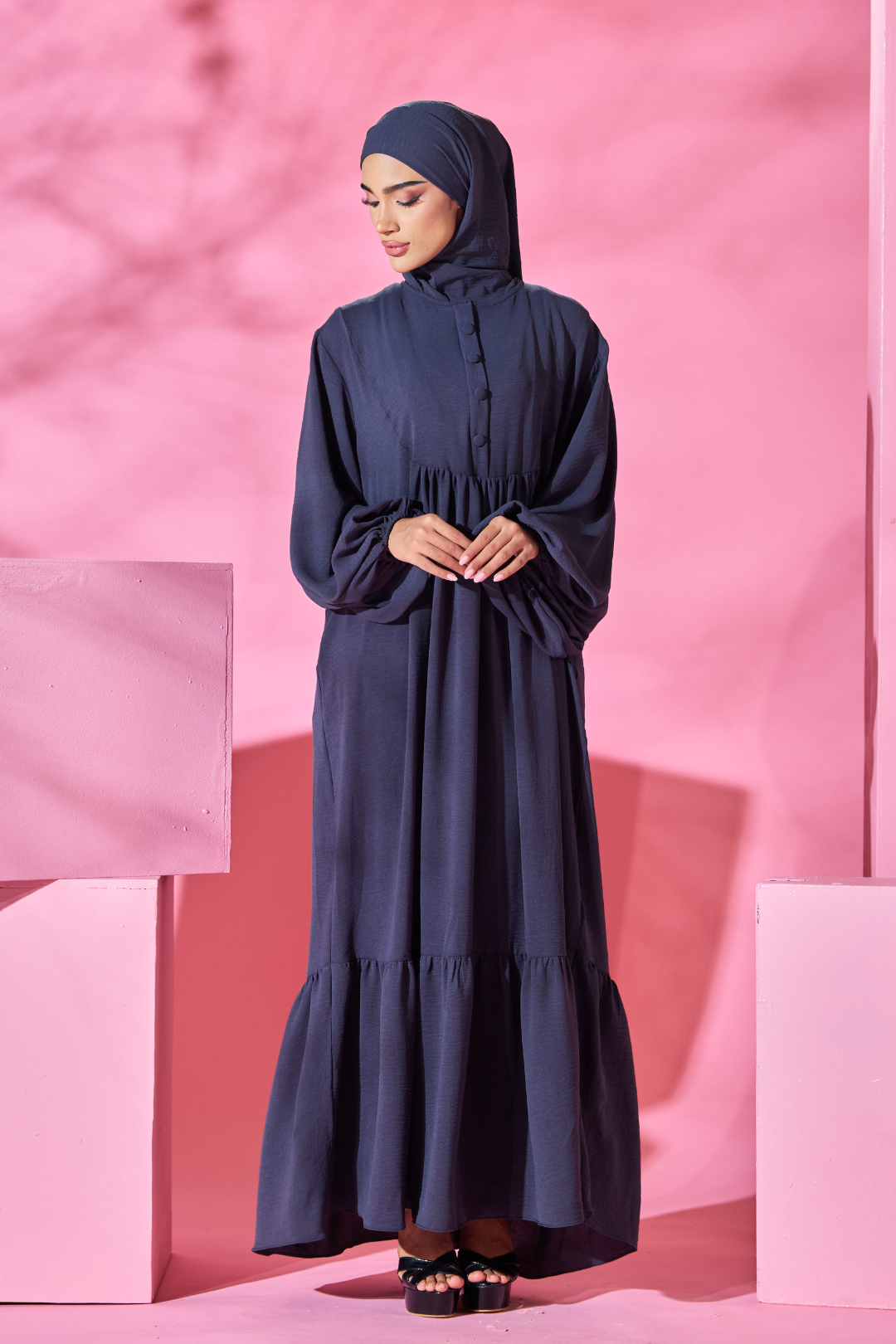 Saufa Babydoll Tiered Dress in Navy Ash