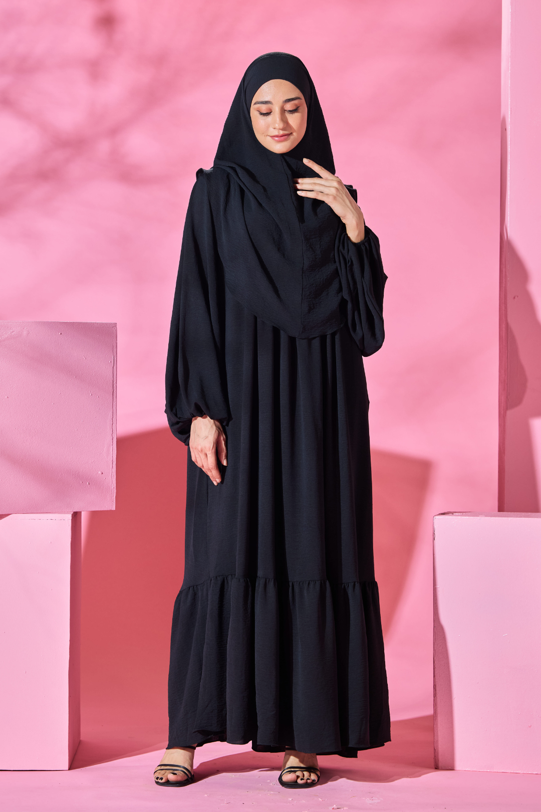 Saufa Babydoll Tiered Dress in Black