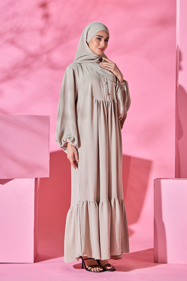 Saufa Babydoll Tiered Dress in Beige