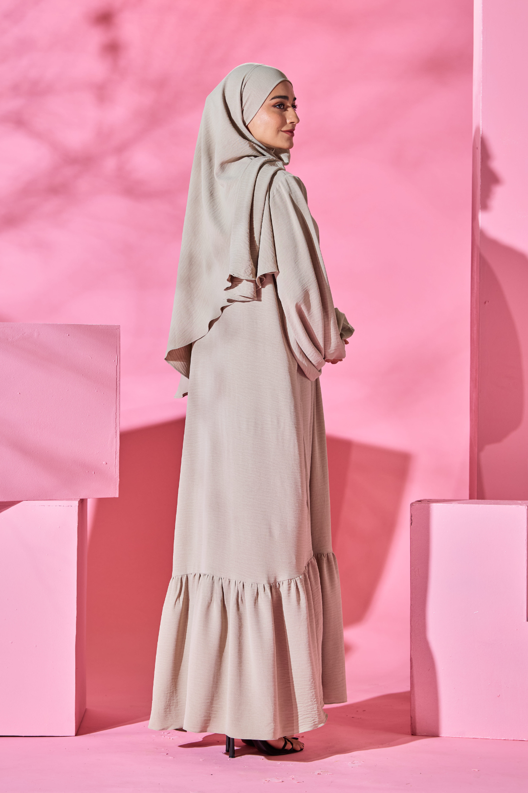 Saufa Babydoll Tiered Dress in Beige