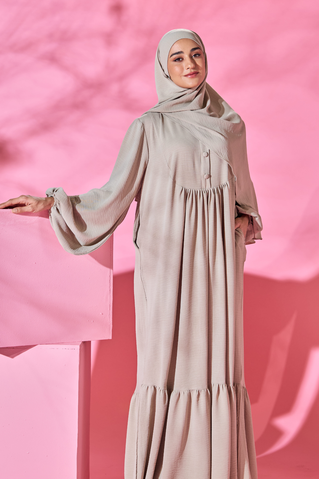 Saufa Babydoll Tiered Dress in Beige
