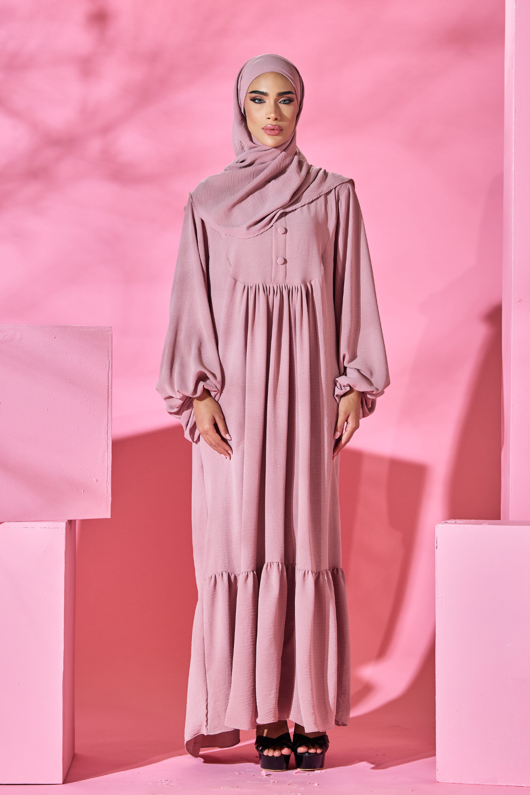 Saufa Babydoll Tiered Dress in Soft Pink