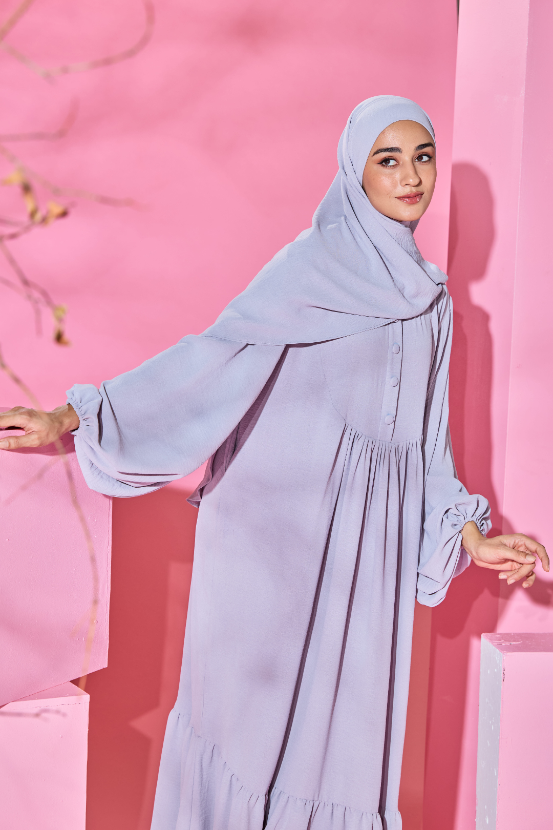 Saufa Babydoll Tiered Dress in Grey Lilac