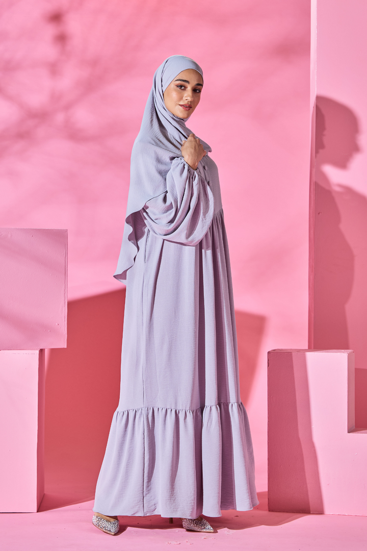 Saufa Babydoll Tiered Dress in Grey Lilac
