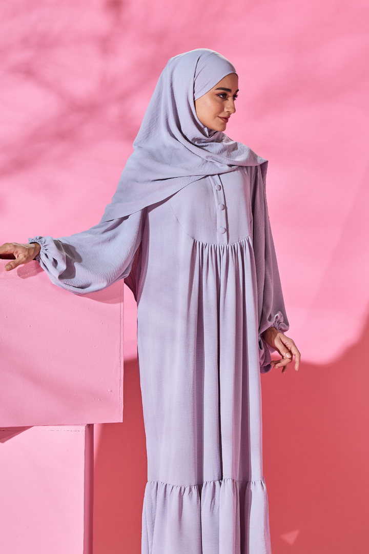 Saufa Babydoll Tiered Dress in Grey Lilac