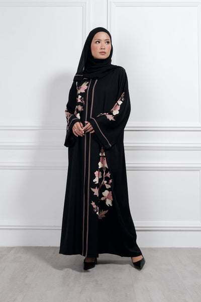 Classic closed nursing-friendly nidha abaya in black with flower embroidery