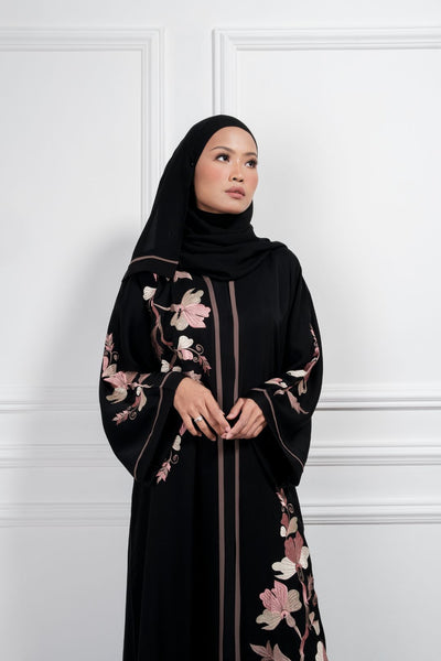 Classic closed nursing-friendly nidha abaya in black with flower embroidery