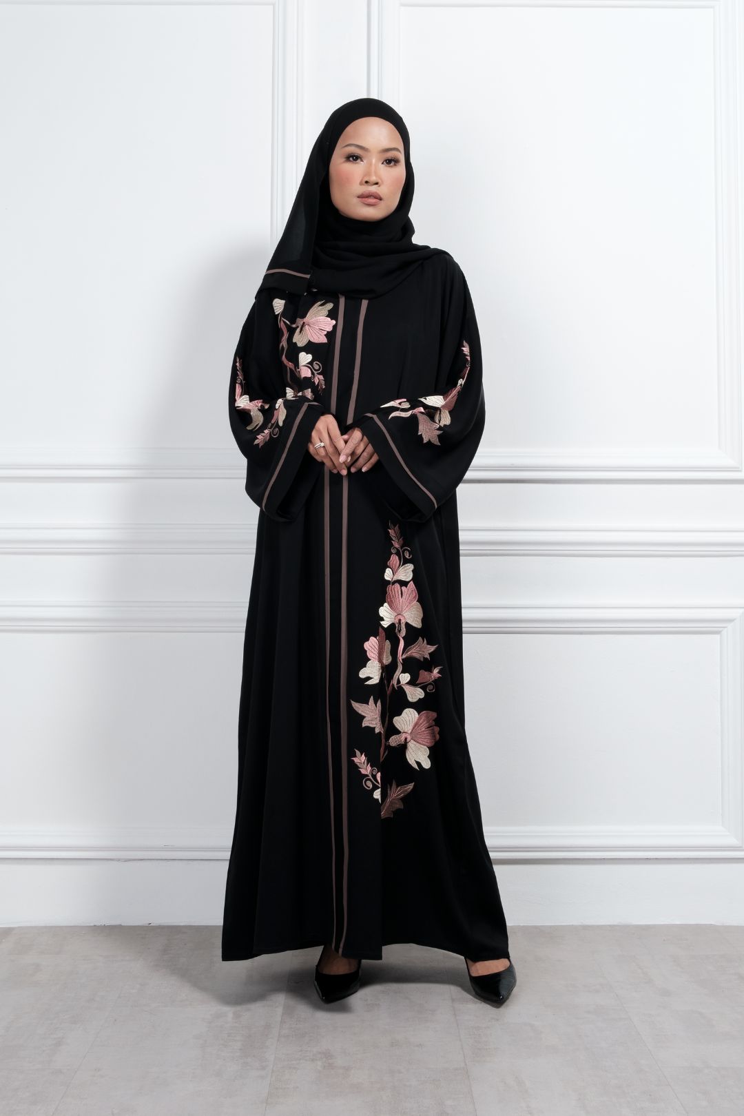 Classic closed nursing-friendly nidha abaya in black with flower embroidery