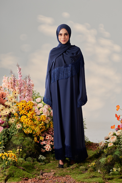 Malaysian model muslimah in nidha abaya with frills on sleeves and hem for Eid 2023