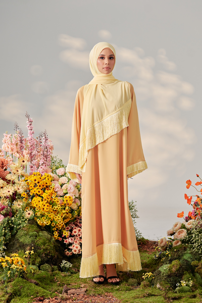 Malaysian model muslimah in nidha abaya with frills on sleeves and hem for Eid 2023