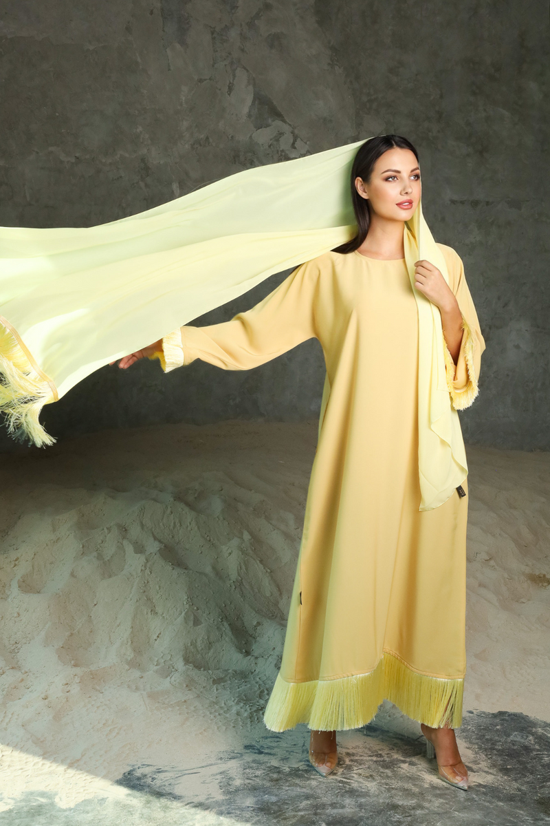 Dubai model muslimah in nidha abaya with frills on sleeves and hem