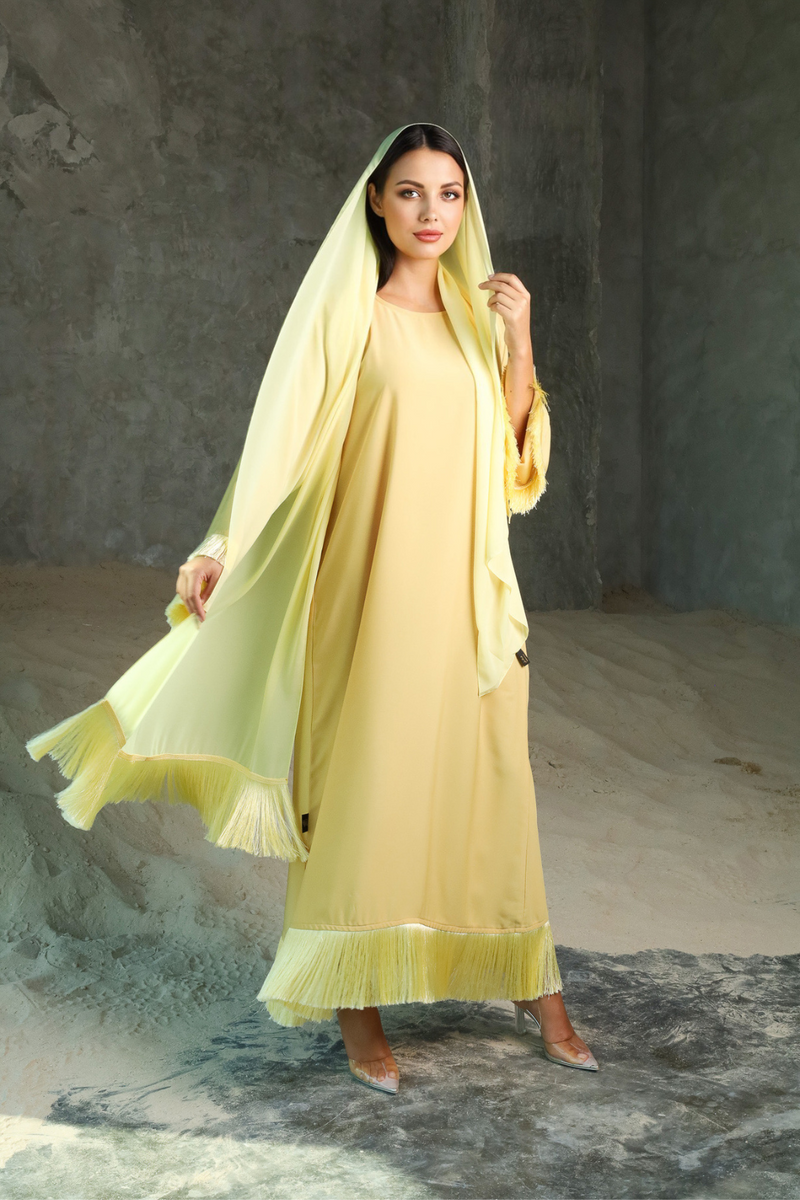 Dubai model muslimah in nidha abaya with frills on sleeves and hem